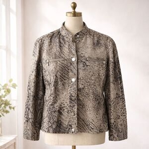 Chico's Jacket Size XL (3) Animal Snake Print Sheen Zip Snap Front Pockets